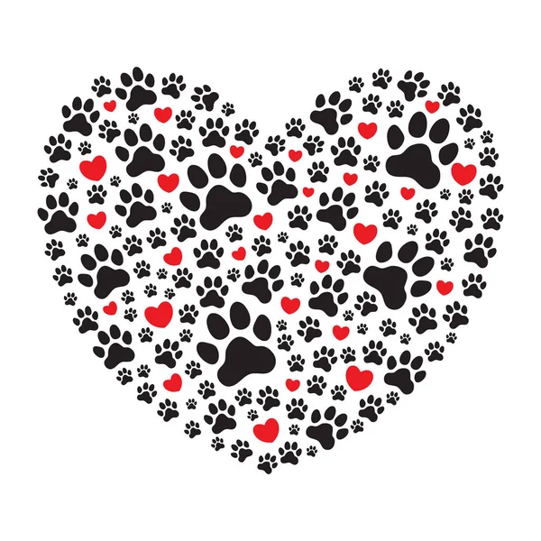 Hayvanın ile dolu kalp (köpek) pençe parmak izi ve kırmızı kalpler. Evcil hayvan seviyorum. Hayvanları severim. Vektör çizim.