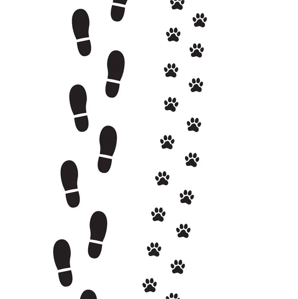 人間の足跡と犬の足あと 人間と動物の友情 ペットと一緒に歩きます ベクトル図 — ストックベクタ