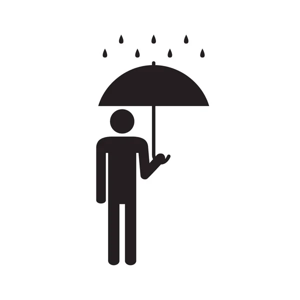 Homme Tenant Parapluie Sous Pluie Symbole Protection Illustration Vectorielle Noir — Image vectorielle