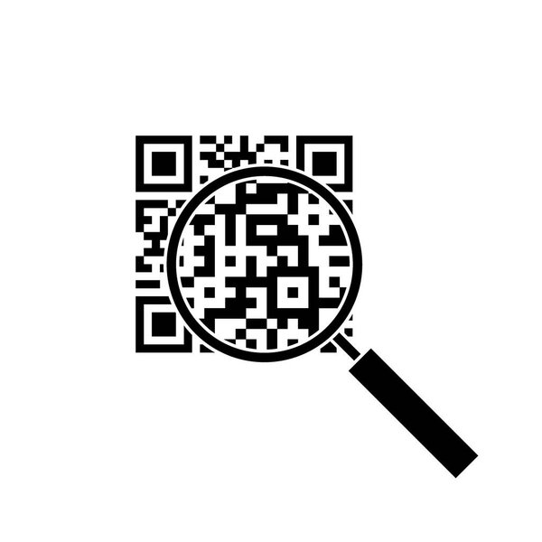 Qr code through the magnifying glass. Icon. Data. Product sign. Black and white. Vector illustration.