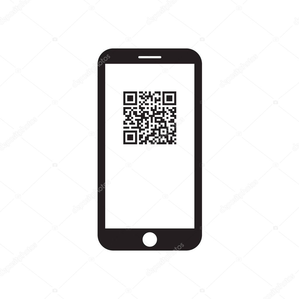 Smartphone with qr code icon on the screen. Black and white. Vector illustration.