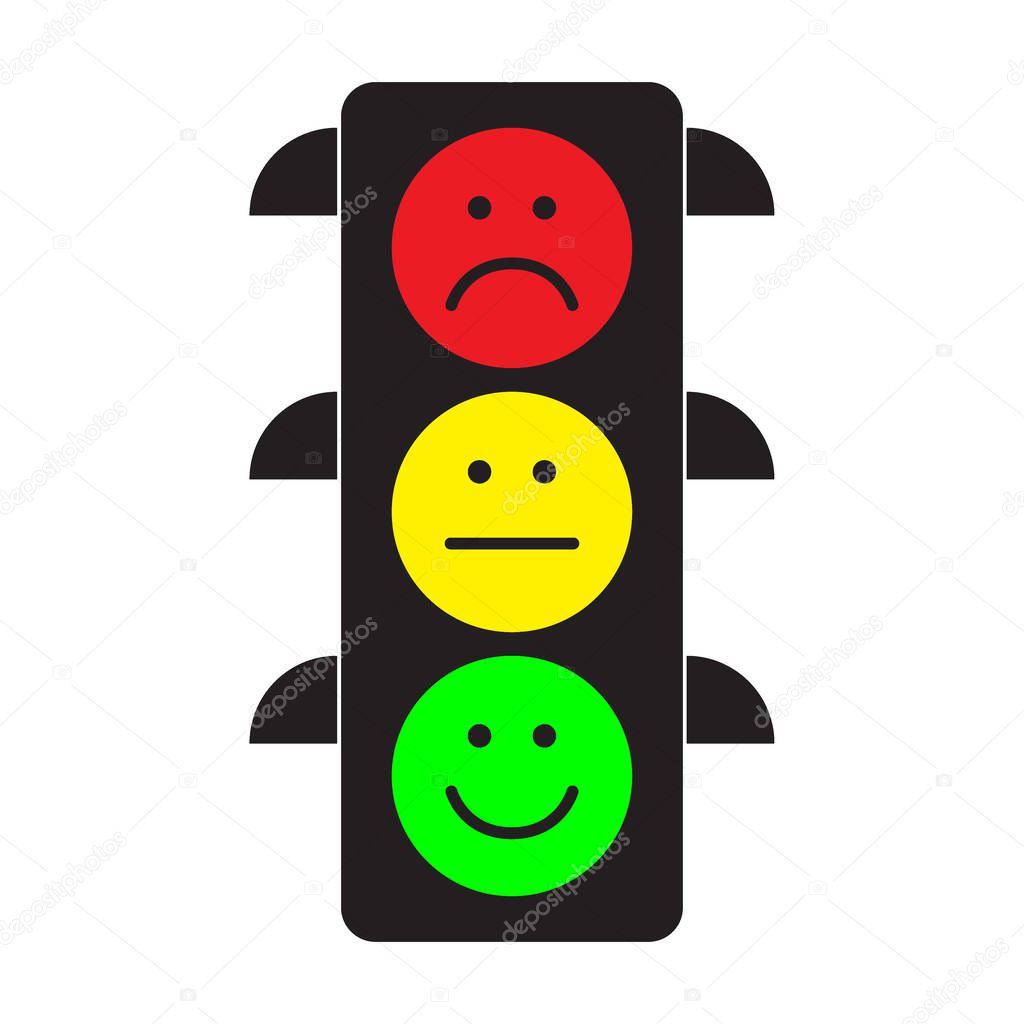 Traffic light with red, yellow and green smileys. Flat stile. Vector illustration.