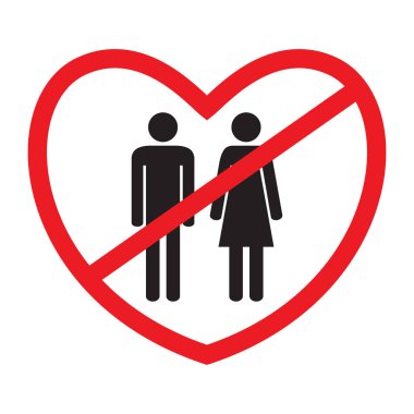 Anti-heteroseksüel simgesi. Aşk bir simge yoktur. Düz stil. Siyah ve beyaz insan figürleri kırmızı kalpler geçti. Vektör çizim.