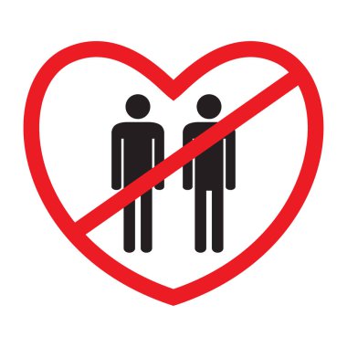 Homoseksüel karşıtı ikon. gayler. Aşk simgesi yok. Düz stil. Kırmızı çapraz kalpli siyah ve beyaz erkek figürleri. Vektör çizimi.