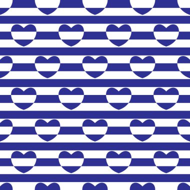 Yürekleri çizgili seamless modeli. Mavi ve beyaz renkler. Vektör çizim.