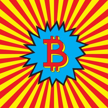Bitcoin simgesini pop sanat patlama (veri bloğu arka plan). Soyut Kırmızı ve sarı ışınları. Para ödülü sembolü. Vektör çizim.