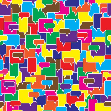 Konuşma baloncukları kusursuz desen oluşturuyor. Mesaj kutuları. Kalabalıkta farklı görüşler var. Sembolik tartışma. Parlak renk vektör illüstrasyonu.