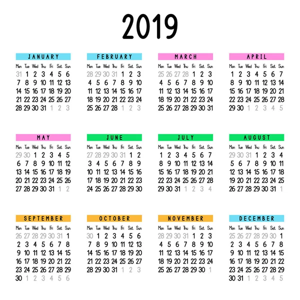 Calendar 2019 Week Starts Monday Vector Illustration — Stock Vector