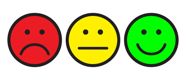 Red, yellow and green smileys. Face symbols. Flat stile. Vector illustration.