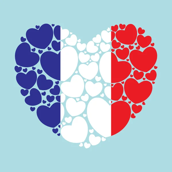 stock vector Flag of France in a heart shape filled with little hearts. French flag. Vector illustration.