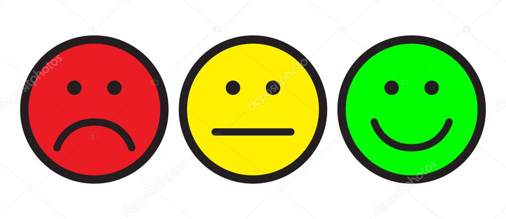 Red, yellow and green smileys. Face symbols. Flat stile. Vector illustration.