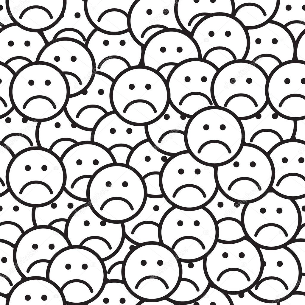 Seamless pattern with sad face icons. Unhappy faces background. Flat stile. Black and white vector illustration.