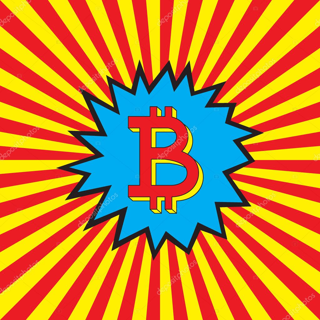 Bitcoin icon in the pop art explosion (burst background). Abstract red and yellow rays. Money prize symbol. Vector illustration.