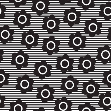 Çiçeklerle çizgili desen. Siyah ve beyaz çiçek deseni. Vektör çizimi.