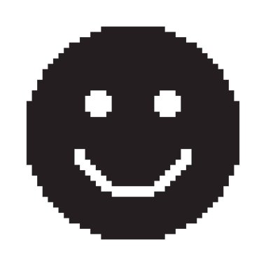 Gülümseme simgesi. Mutlu yüz simgesi. Piksel sanat. Siyah ve beyaz vektör çizim.