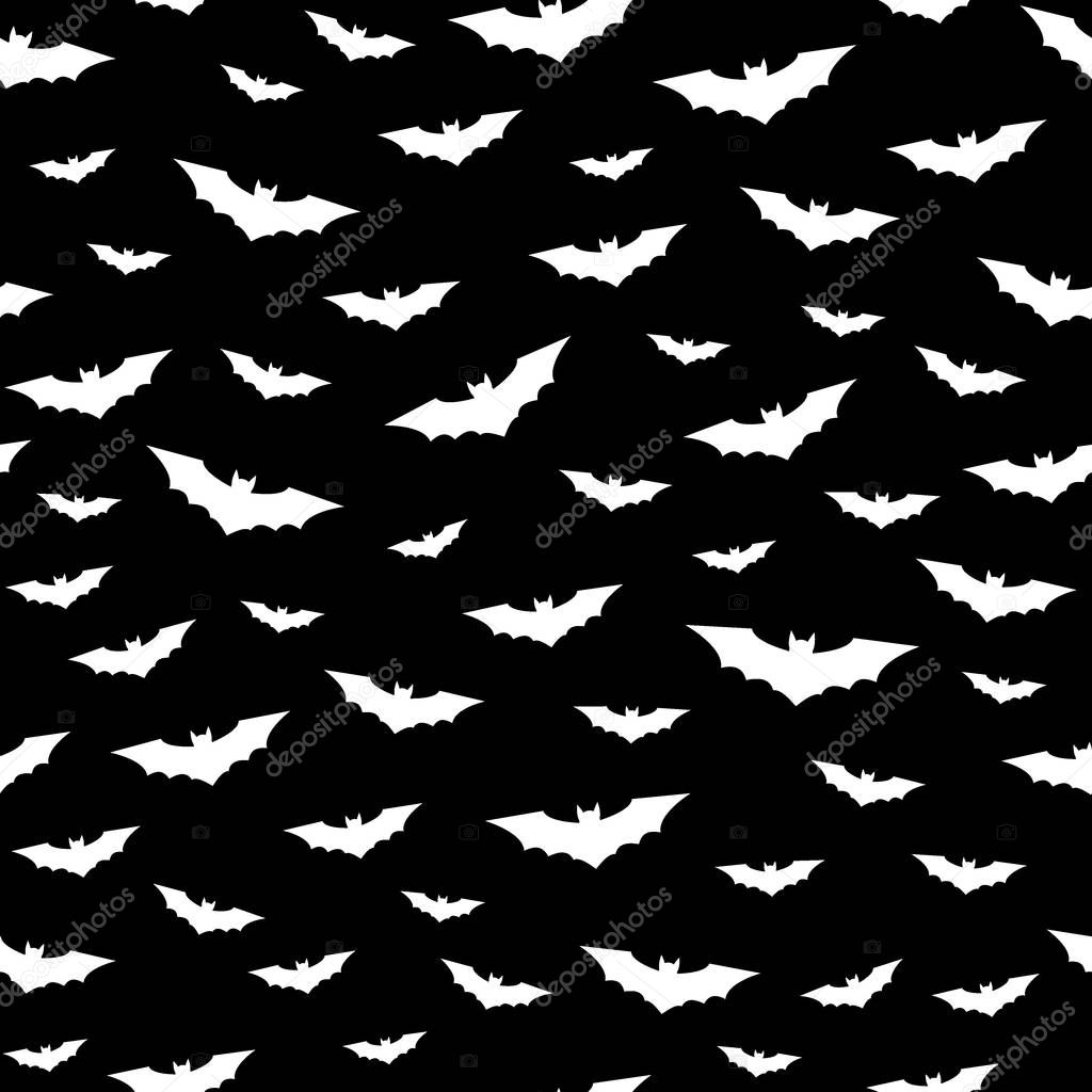 Flying bats seamless pattern. Happy Halloween background. Black and white vector illustration.