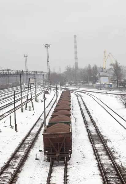 Carri Merci Disaccoppiati Sulla Stazione Ferroviaria Kiev Ucraina Inverno — Foto Stock