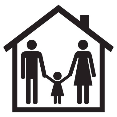 Bir evde mutlu bir aile. Anne ve çocuk evde. Anne, baba ve kızı. Simge. Siyah beyaz arka plan üzerinde rakamlar. Vektör çizim.