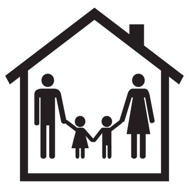 Bir evde mutlu bir aile. Ebeveynler ve çocuklar evde. Anne, Baba, oğlu ve kızı. Simge. Siyah beyaz arka plan üzerinde rakamlar. Vektör çizim.