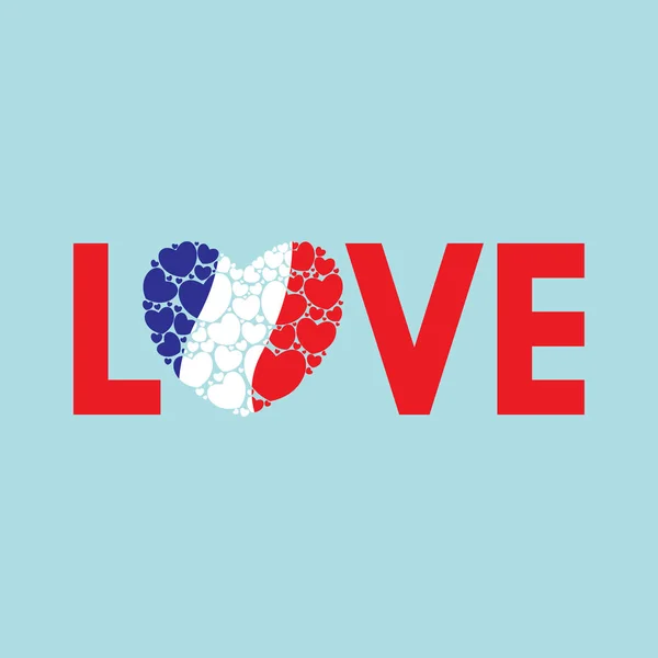 フランスの国旗と単語の愛 フランスが大好きです 少し心の作られた心 ベクトル図 — ストックベクタ