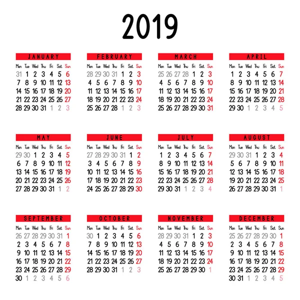 Kalender 2019 — Stockvektor