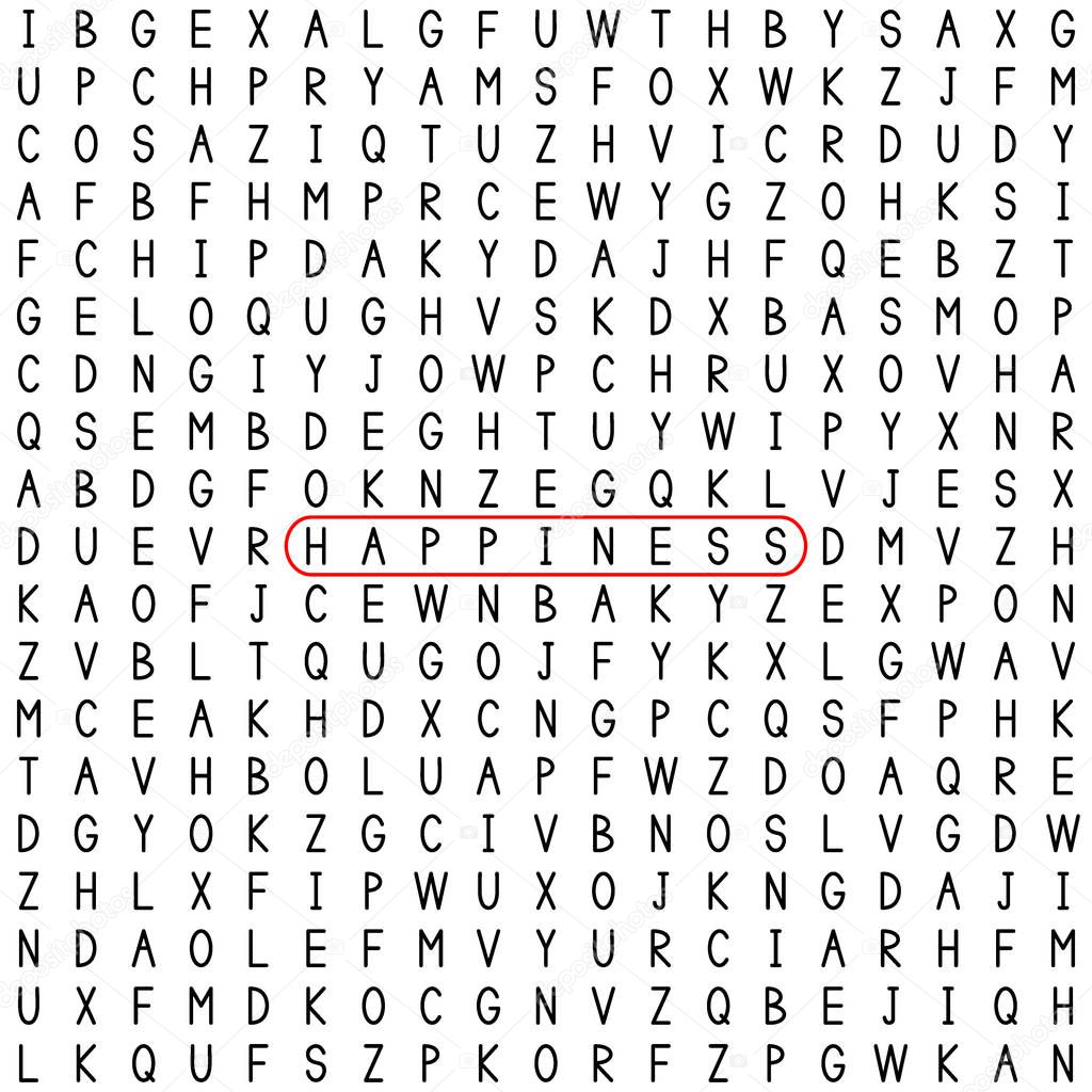 Happiness. Find the word in the word puzzle. Word game. Vector illustration.