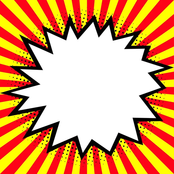 Patlamada konuşma balonu (patlama). Çizgi film tarzı. Kırmızı ve sarı ışınlar. Vektör illüstrasyonu.