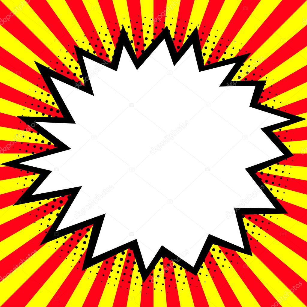 Speech bubble in the pop-art explosion (burst). Comic cartoon style. Red and yellow rays. Vector illustration.