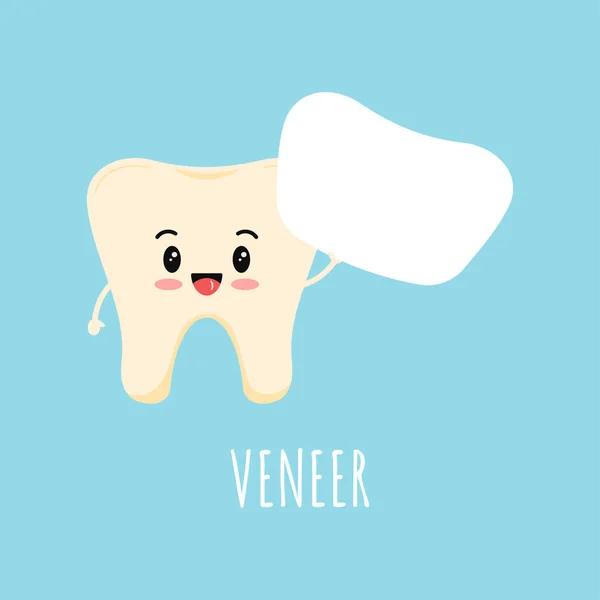 Emoji de dente amarelo bonito com folheado dental branco ou lumineer . — Vetor de Stock