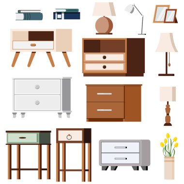 Beyaz arka planda izole edilmiş lamba kitabı ve çiçek simgeleriyle komodinin başucunda.