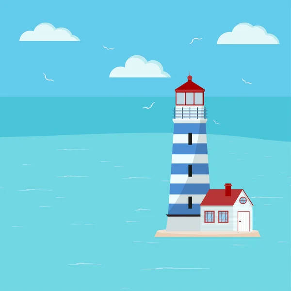 Faro sobre paisaje marino con gaviotas e ilustración vectorial del cielo . — Vector de stock