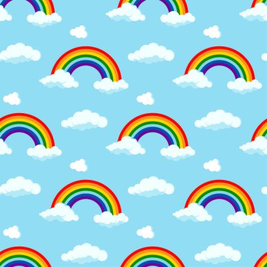 Gökkuşağının uçlarında bulutlar var. Gökyüzü mavisi arka planda pürüzsüz bir desen var..