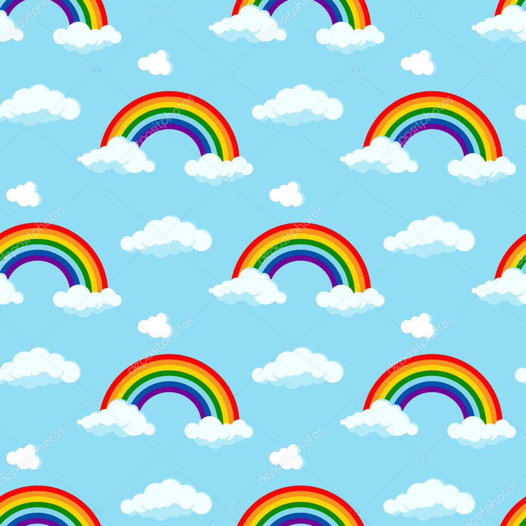 Rainbow with clouds at the ends seamless pattern on sky blue background.