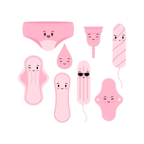 Niedliche emoji Frauen hygienische Serviette Tampon Mehrwegkissen Menstruationstasse Unterhosen und Tropfen-Symbol-Vektor-Set. — Stockvektor