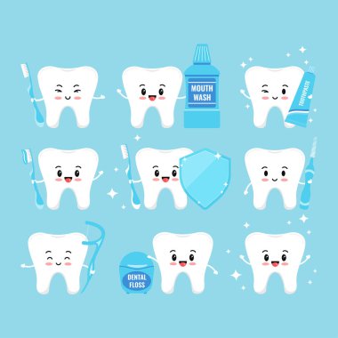 Ağız temizliği ürünleri simgelerine sahip diş, beyaz arkaplanda izole edildi.