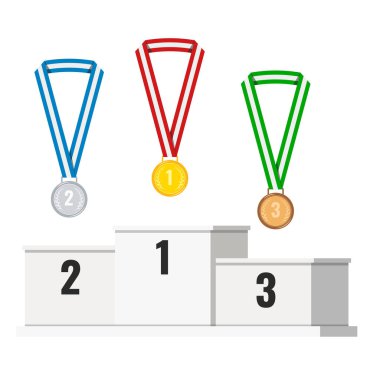 Altın, gümüş, bronz madalyalı, beyaz arka planda soyulmuş kurdeleli beyaz podyum seti. Yaya kazananı spor müsabakaları. Düz tasarım çizgi film stili vektör çizimi.