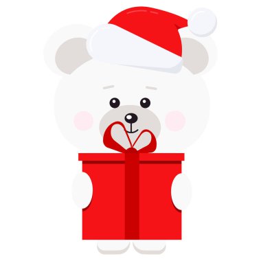 Noel Baba 'nın kırmızı kurdeleli kırmızı şapkalı, kürklü ve ponponlu şirin kutup ayısı beyaz arka planda, düz çizgi film tarzında izole edilmiş. Vektör illüstrasyonu.