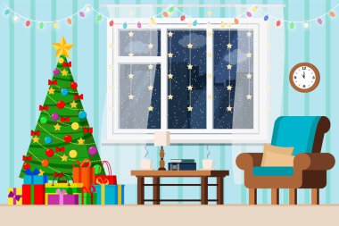 Konforlu yeni yıl evi dekore edilmiş oturma odası Noel ağacı, karlı kış manzaralı düz çizgi film tarzı şehir manzarası.