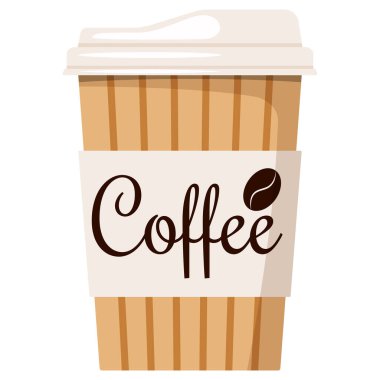 Tek kullanımlık Kraft kahverengi, beyaz kağıt kahve ya da beyaz arka planda izole edilmiş kep ve tutucu ikonu olan çay fincanı.