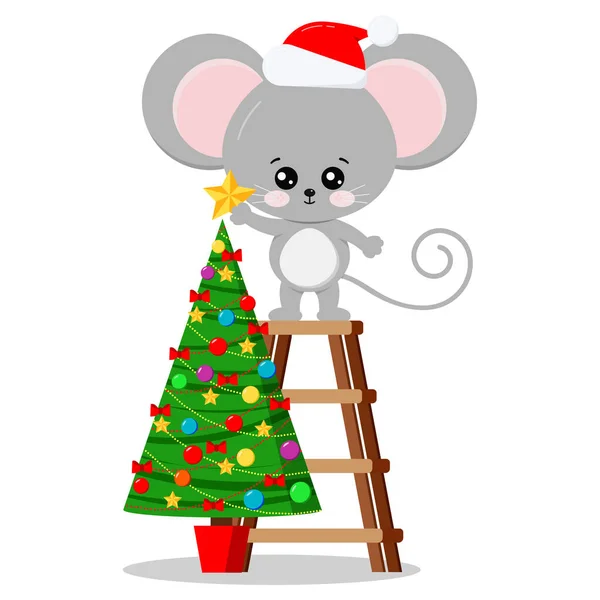 Neujahr Symbol Cartoon Charakter Niedliche Maus Rotem Weihnachtsmann Weihnachtsmütze Setzt — Stockvektor