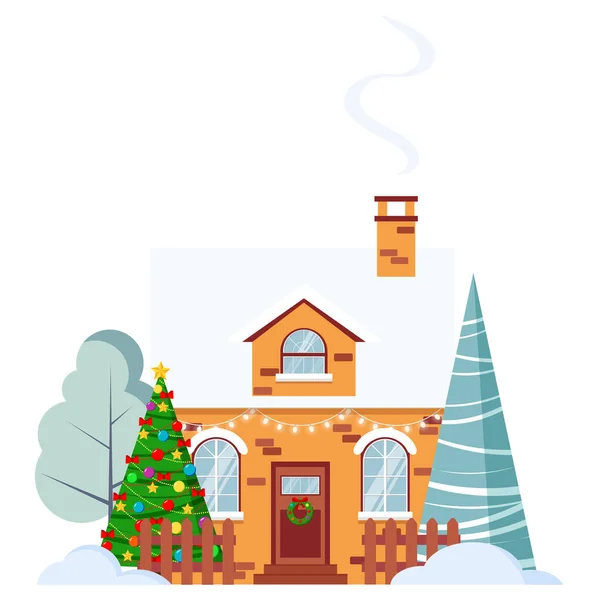 Winter rural farm brick house with fence and chimney decorated garland and wreath, spruces, christmas tree in flat style. — Stock Vector