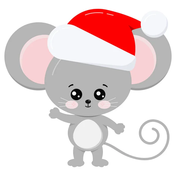 Bonito, doce e engraçado inverno Ano Novo símbolo desenho animado personagem mouse em vermelho chapéu de Natal de santa isolado no fundo branco no estilo dos desenhos animados . — Vetor de Stock