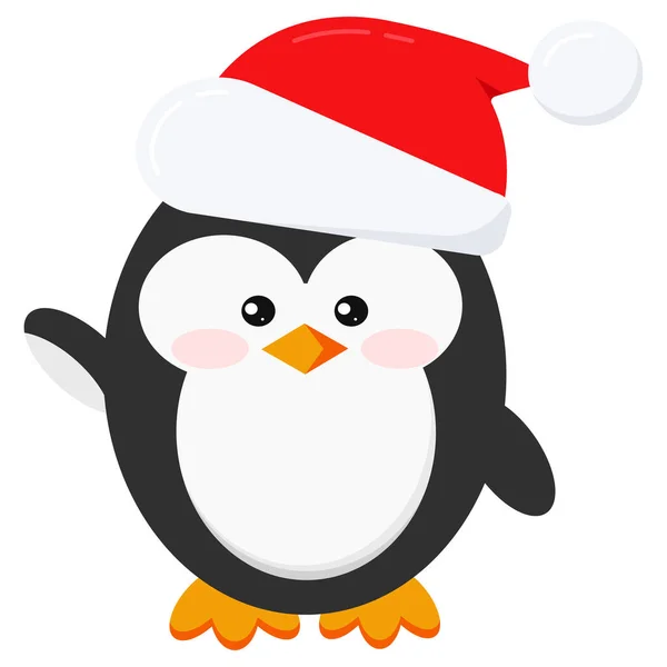 Flat cute and funny winter penguin in Santa Claus red christmas hat with fur and pompom isolated on white background. — Stock Vector