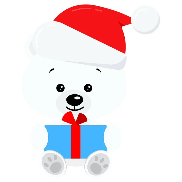 Divertido dulce y lindo juguete oso polar de Navidad con regalo azul con arco en sombrero rojo de Santa Claus — Archivo Imágenes Vectoriales