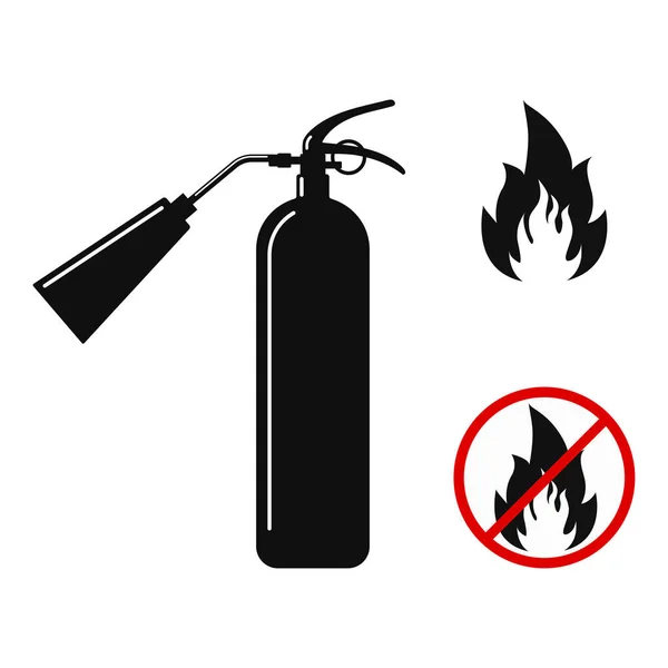 Extincteur plat de conception noire avec icône de silhouette de buse, feu et aucun signe d'incendie rayé en cercle isolé sur blanc. — Image vectorielle