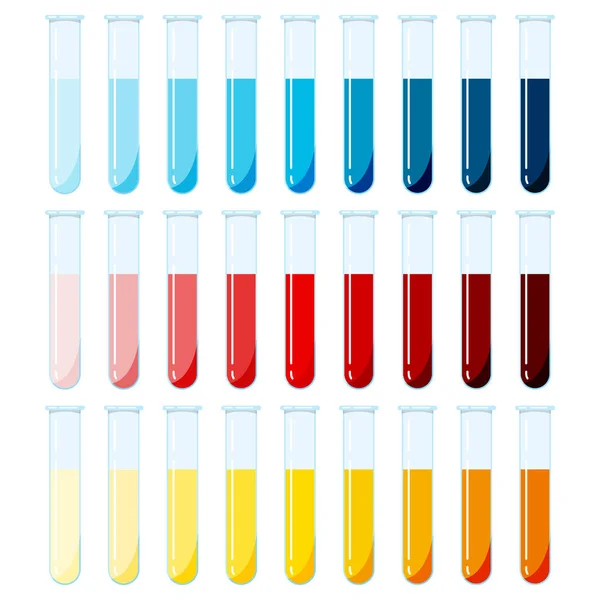 Vectorset van glazen reageerbuizen met rode, blauwe en gele vloeistofreagentia - concentratie van de testoplossing geïsoleerd op witte achtergrond. — Stockvector