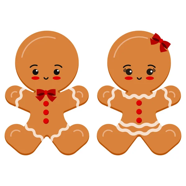 Navidad lindo y dulce personajes conjunto esmaltado marrón jengibre hombre y chica con arco aislado sobre fondo blanco . — Vector de stock