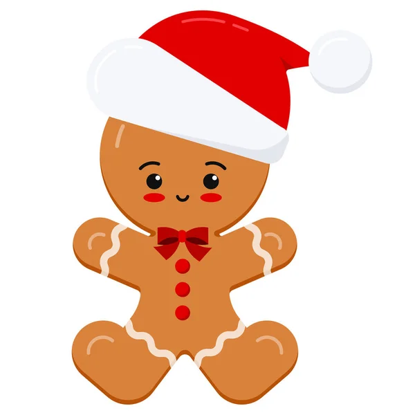 Flache Kawaii-Design von Weihnachten Charakter glasierte Lebkuchen Mann in rotem Weihnachtsmann Hut isoliert auf weißem Hintergrund. — Stockvektor