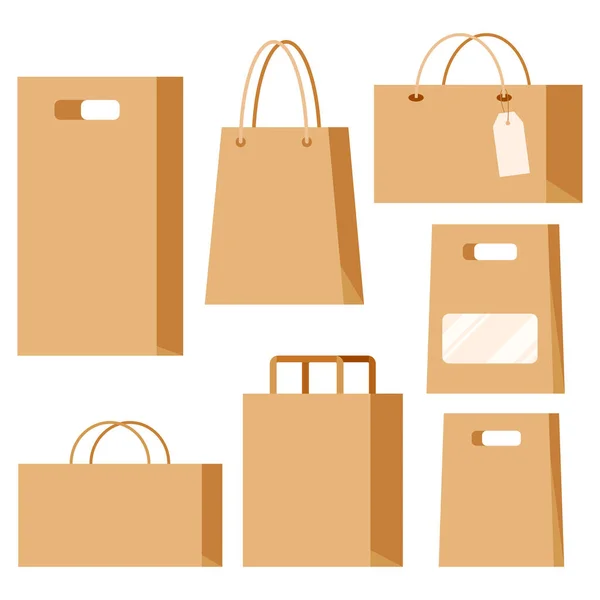 Lot de sacs d'emballage de mode en carton kraft blanc brun vide avec poignées isolées sur fond blanc — Image vectorielle
