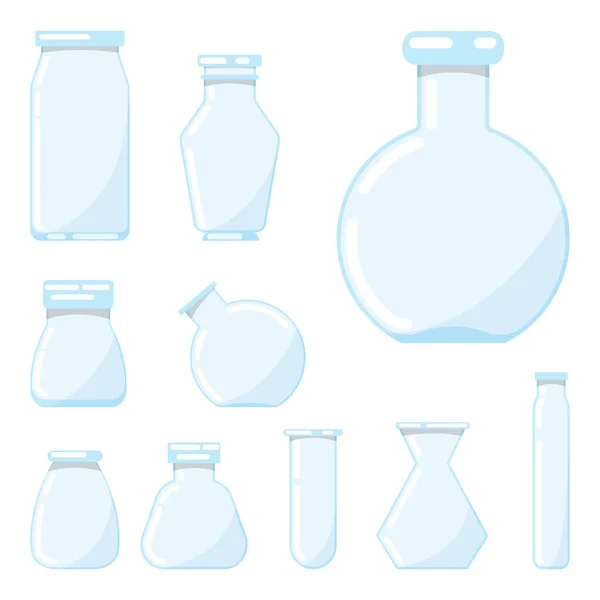 Bleu verre clair chimique différentes formes éprouvettes ballon icône mis plat design dessin animé style isolé sur fond blanc. — Image vectorielle